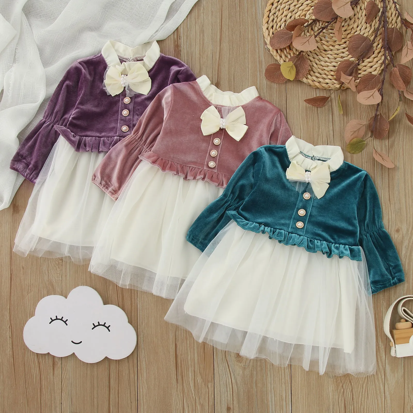 

Girls Clothing Dress Autumn New Girls Dress Long Sleeve Velvet Stitching Mesh Bowknot Princess Christmas Party Birthday Dress
