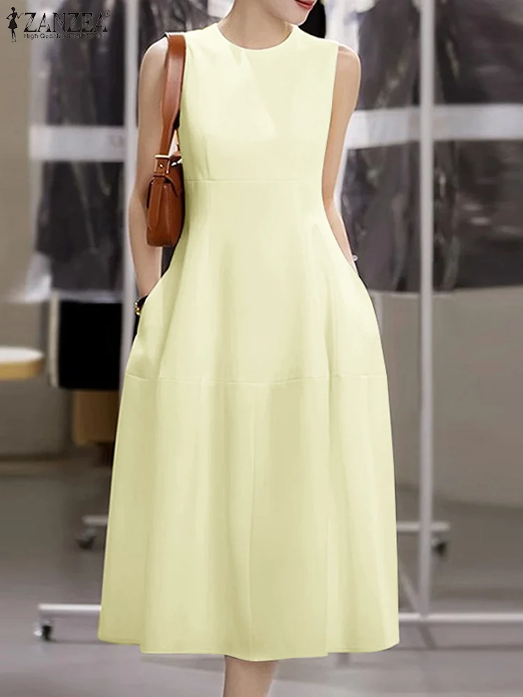 Women 2025 Summer Dress ZANZEA Fashion Sleeveless Work OL Sundress Elegant Solid Party Dresses Robe Casual O Neck Midi Vestidos
