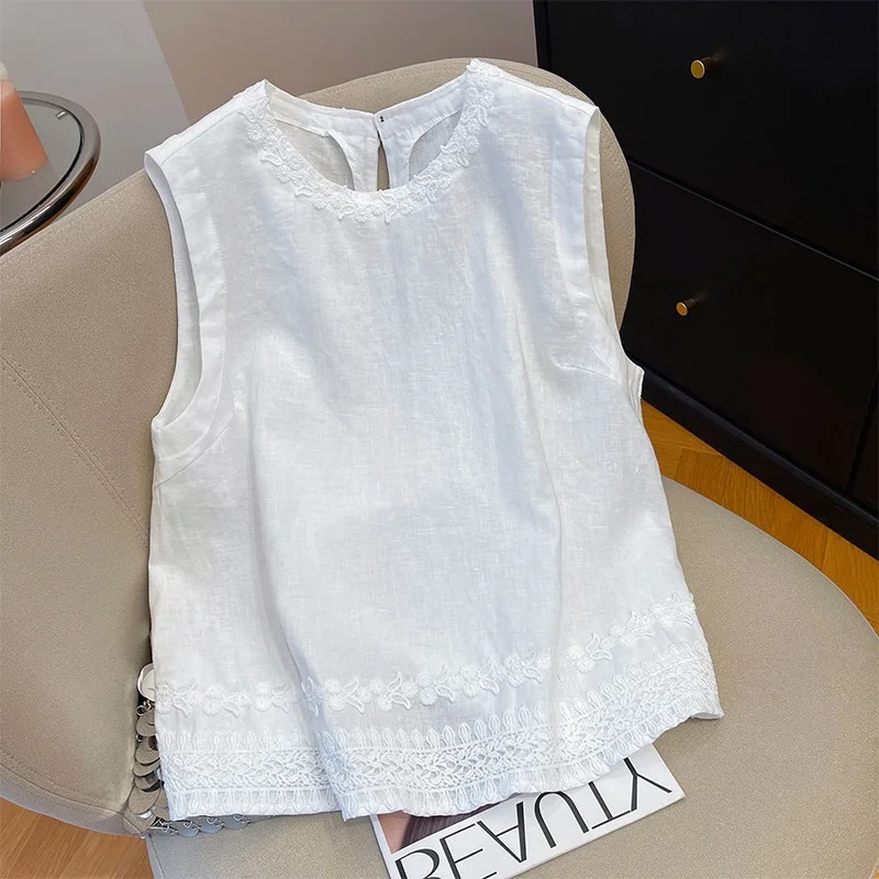 

Korean Style Embroidered Lace Sleeveless Vest Women's Loose Slimming Versatile Summer Breathable Casual Color T-shirt
