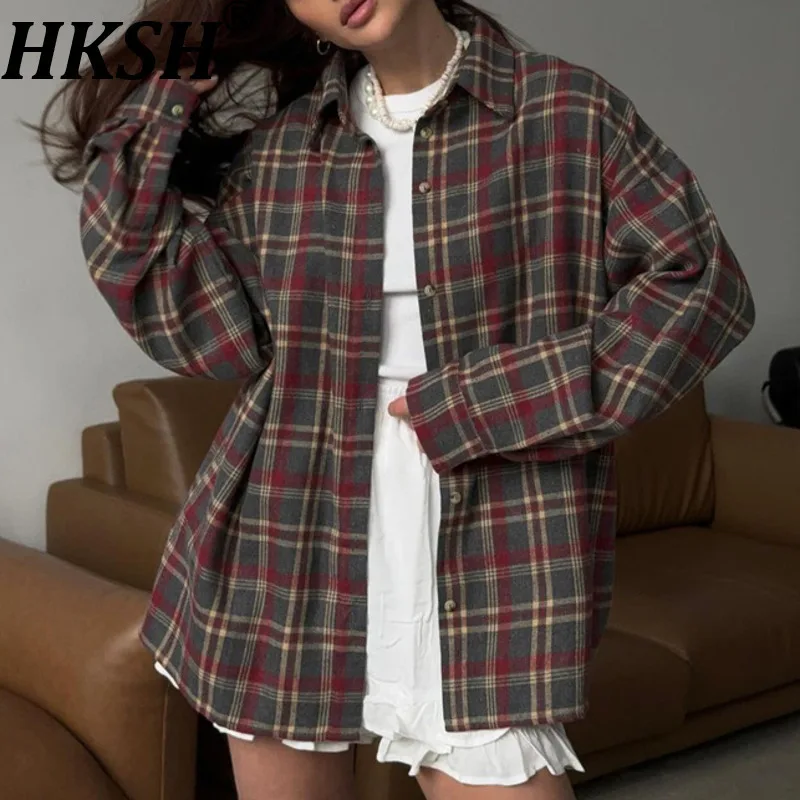 

HKSH весна осень новая женская клетчатая рубашка с отложным воротником и длинными рукавами однобортная универсальная винтажная повседневная блузка HK14239