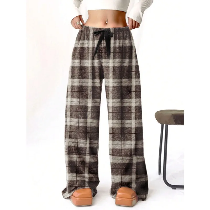 Spodnie damskie w kratę z nadrukiem, ze sznurkiem, rozmiary plus size 1XL-5XL, codzienne spodnie z elastyczną talią, długie, proste nogawki, szerokie nogawki.