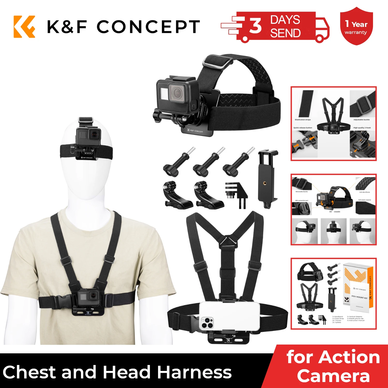 K&F Concept Head Strap Chest Mount Set for GoPro Hero 13 12 11 10 9 8 7 6 5 4 Session DJI Osmo Action Cameras Accessories Kit