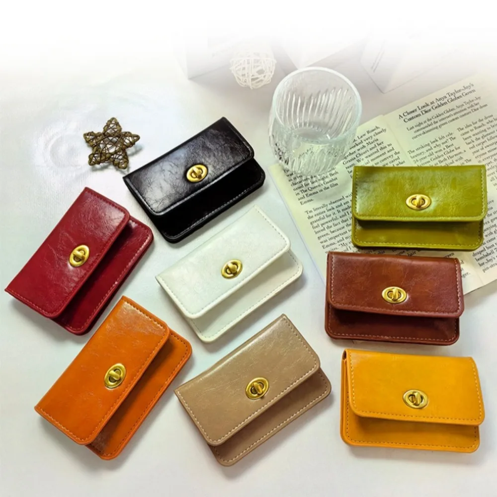 กระเป๋าใส่การ์ดสไตล์เกาหลีแบบใหม่ผู้หญิง, กระเป๋าใส่บัตรหลายชั้นล็อกย้อนยุคสีทึบเรียบง่ายกระเป๋าใส่บัตรผู้หญิง