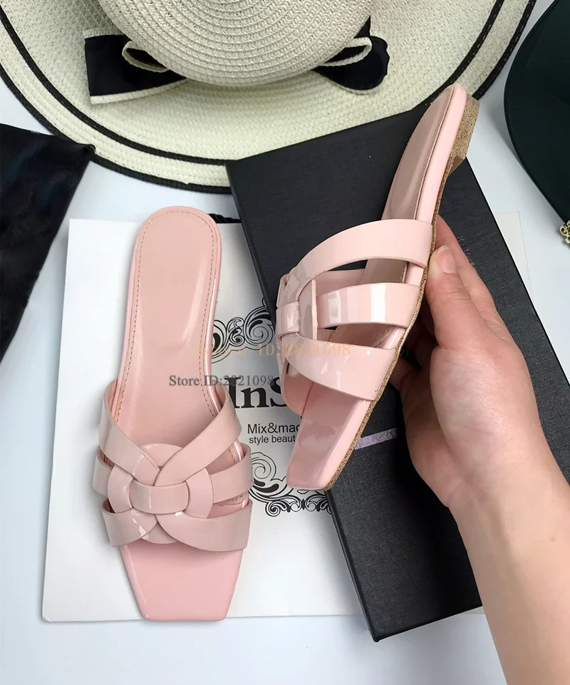 Bright Patent Leather Open Toe Knot Sandal Slipper Summer Slip On Shoes Women Beach Slide Shoes Calf Leather Tribute Flats