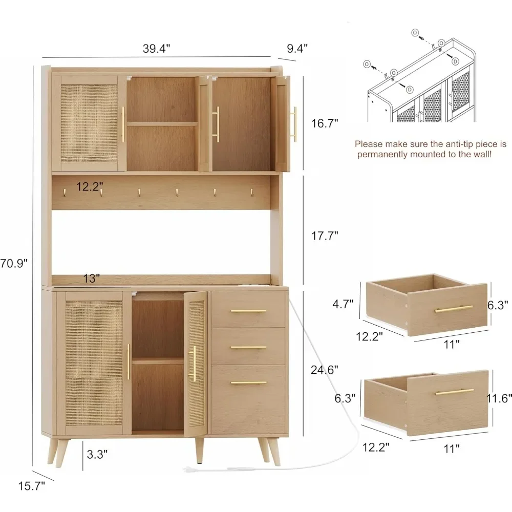 70,9-Zoll-Küchenschrank mit Mikrowellenregal, Rattan-Küchenschrank mit Ladestation, Schrank mit hohem Boden