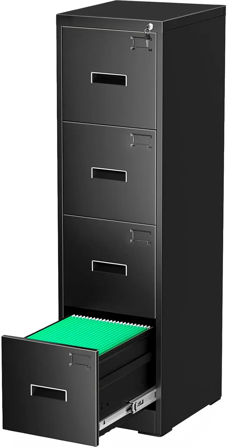 Greenvelly 4 Drawer File Cabinet With Lock, Black Metal Vertical File Cabinet For Home Office, Locking Filing Cabinet For