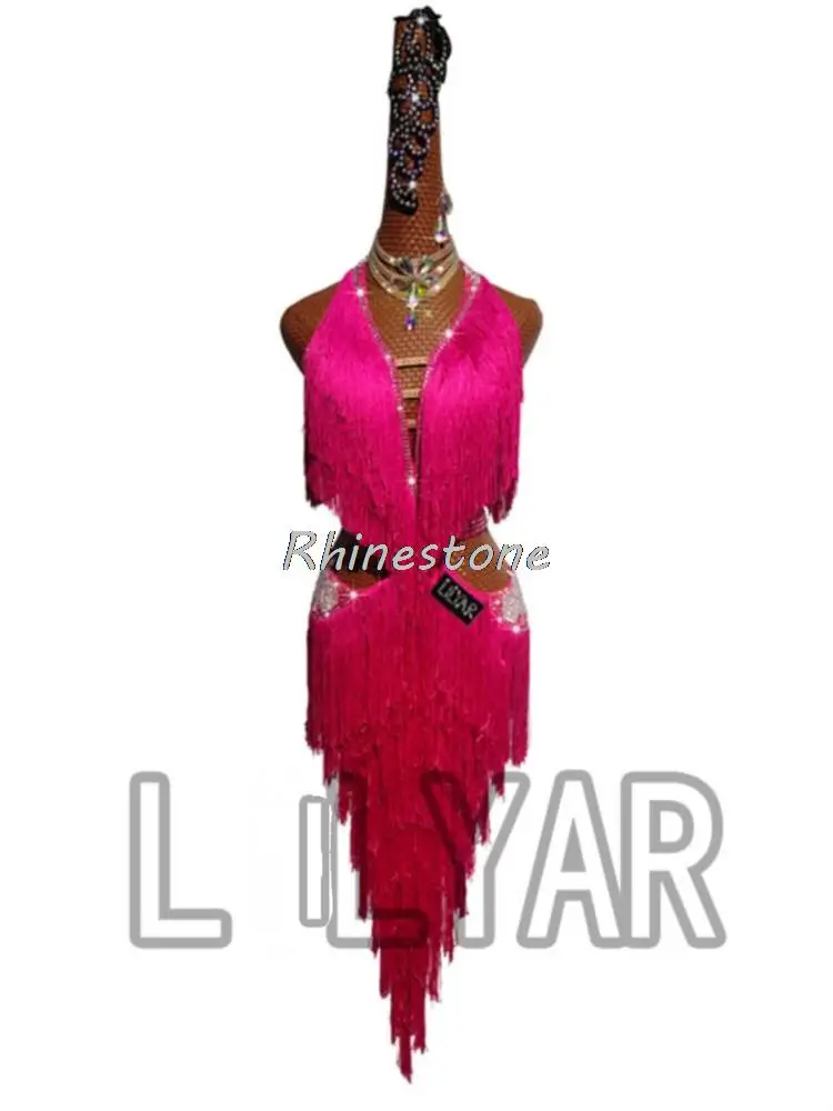 New Latin Dance Competition Performance Dress Women's Adult Custom Rose Fringed Skirt Embroidered Diamond