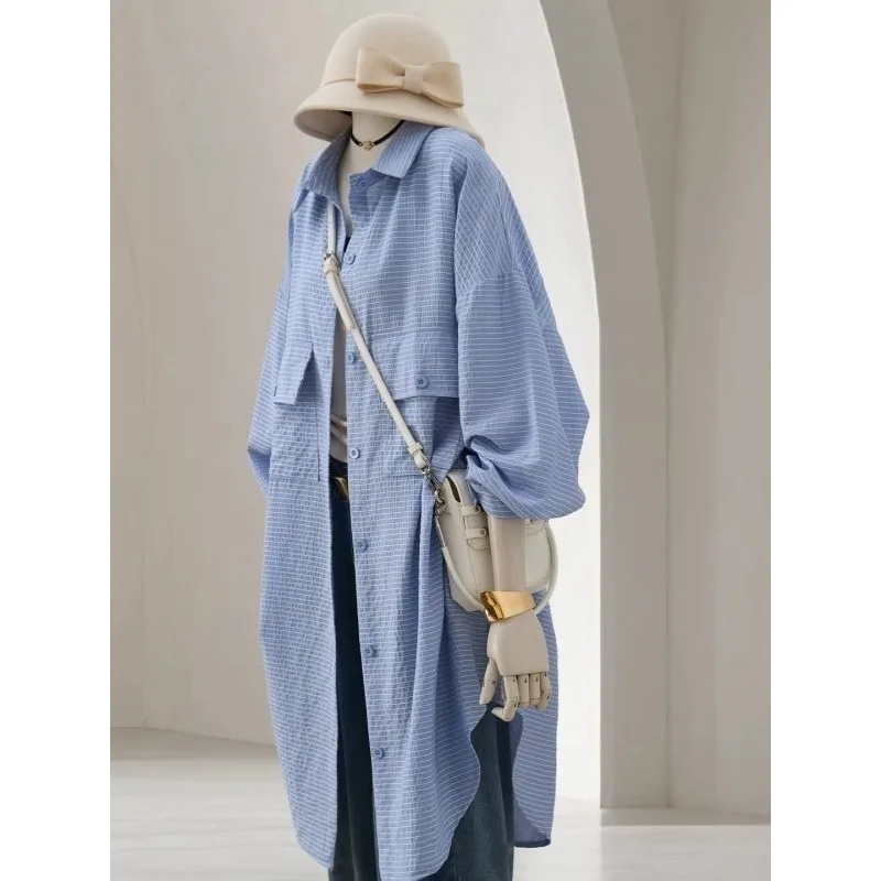 

SuperAen Spring 2026 New Korean Style Women's Long-Sleeved Striped Sunscreen Shirt Fashion Single Breasted Long Casual Shirts