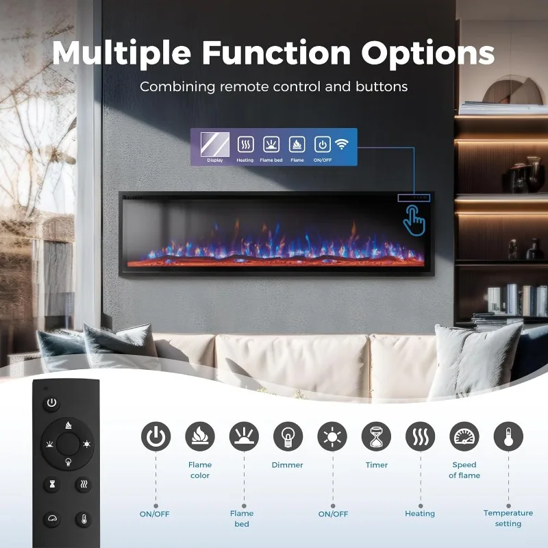 MAISON ARTS Lareira elétrica de parede de 72"/Lareira embutida de 72 polegadas com controle remoto e tela sensível ao toque