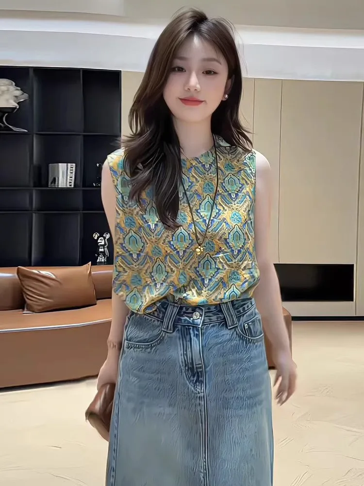 

Лето 2025: Новая женская модная свободная футболка-жилетка в стиле ретро с китайским принтом на пуговицах, круглым вырезом и защитой от УФ-излучения