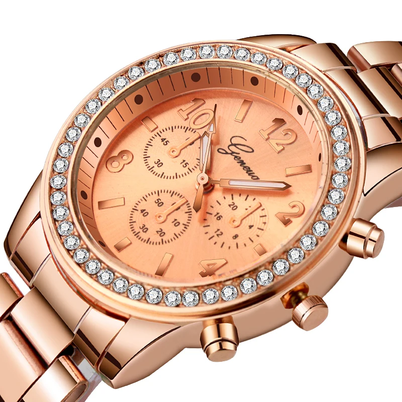 Geneva Women\'s Watches Luxury Rose Gold Metal Watches Women Rhinestone Quartz Wristwatches Ladies Cheap Price Dropshipping