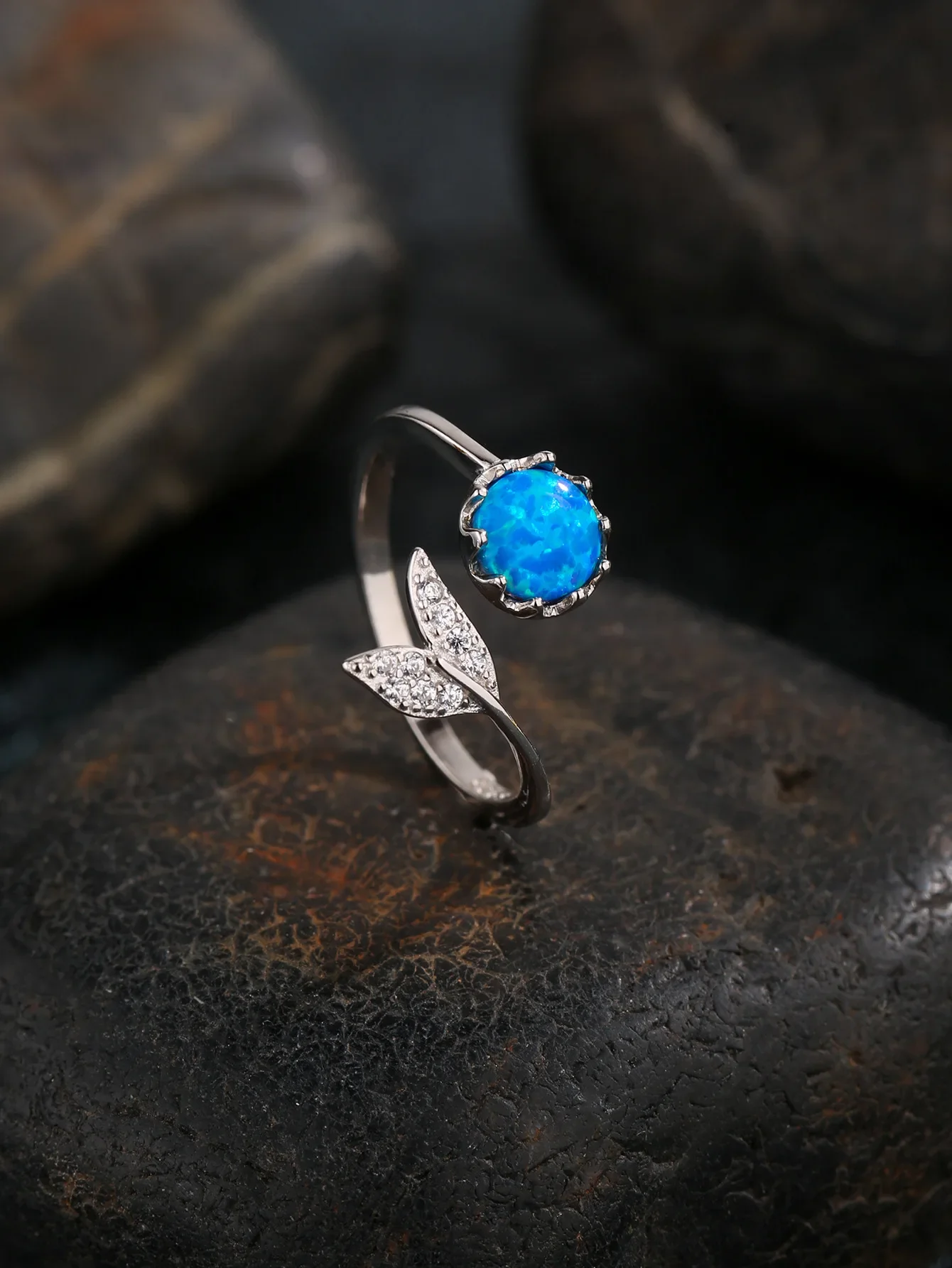 100% 925-Silver Women's Mermaid Ring with Blue Phantom Opal and Zircons, Lovely Fancy Design for Daily or Party Wearing