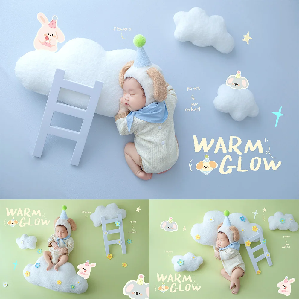 Dreamy Fairytale Newborn Photography Props Baby Romper+adorable Dog Ear Hat Set Fluffy Clouds Tiny Ladder Props for Studio Shoot