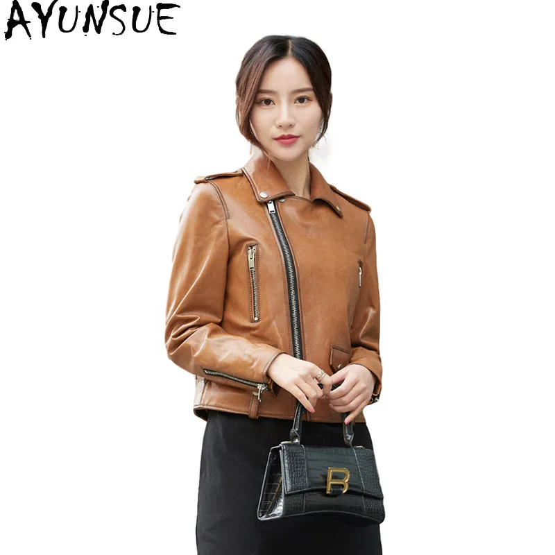 AYUNSUE Echtes Leder Motorrad Jacke Echtes Schaffell Damen Mäntel 2025, Herbst Frauen Kleidung Neu in Mäntel Jaqueta De Couro