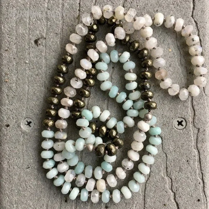 5pcs Long Layering Moonstone Pyrite Blue Amazonite Gemstone Necklace Hand Knotted Boho Vintage Natural Stone Jewelry Grunge