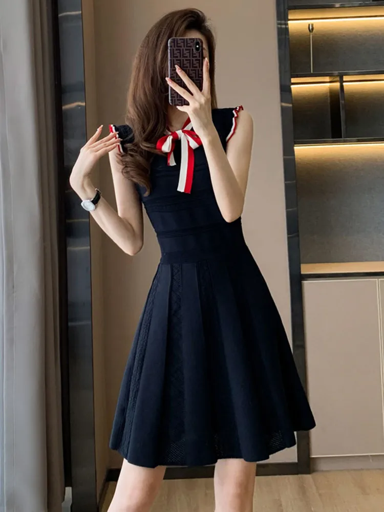 

French Retro Ladies Bow Collar Knit Dress Summer New Hollow Sleeveless Ice Silk Knitwear Elegant Dresses for Women