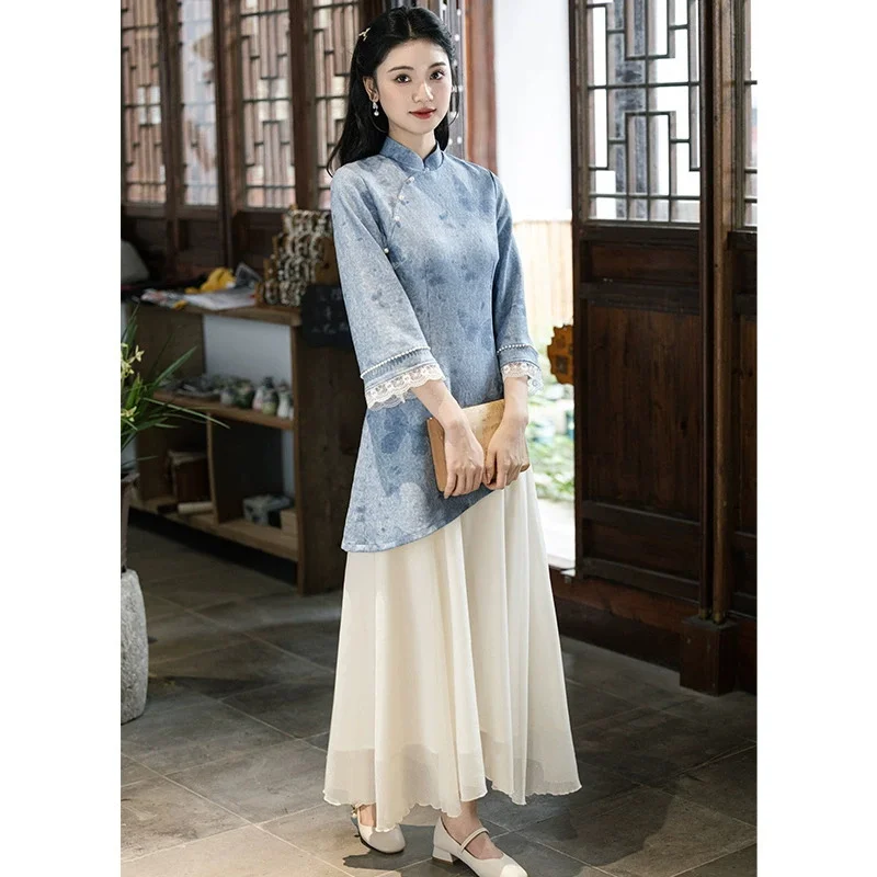 

2025 Spring and Autumn New Suede Aodai Cheongsam Dress Long Sleeve Qipao Daily Improvement Long Cheongsam