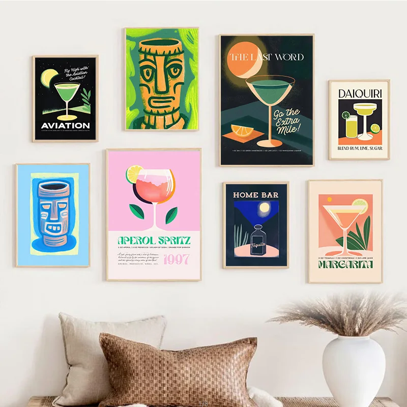 Tiki Cocktail Mojito Bar Poster Summer Colour Print on Canvas Vintage Wall Art for Home Bar Living Room Restaurant Decoration