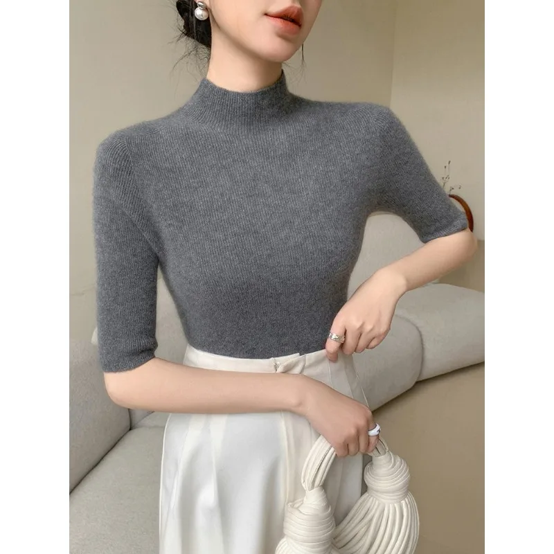 

Новый модный женский тонкий пуловер с коротким рукавом и коротким рукавом, однотонный базовый мягкий тонкий трикотаж для отдыха, осенние топы