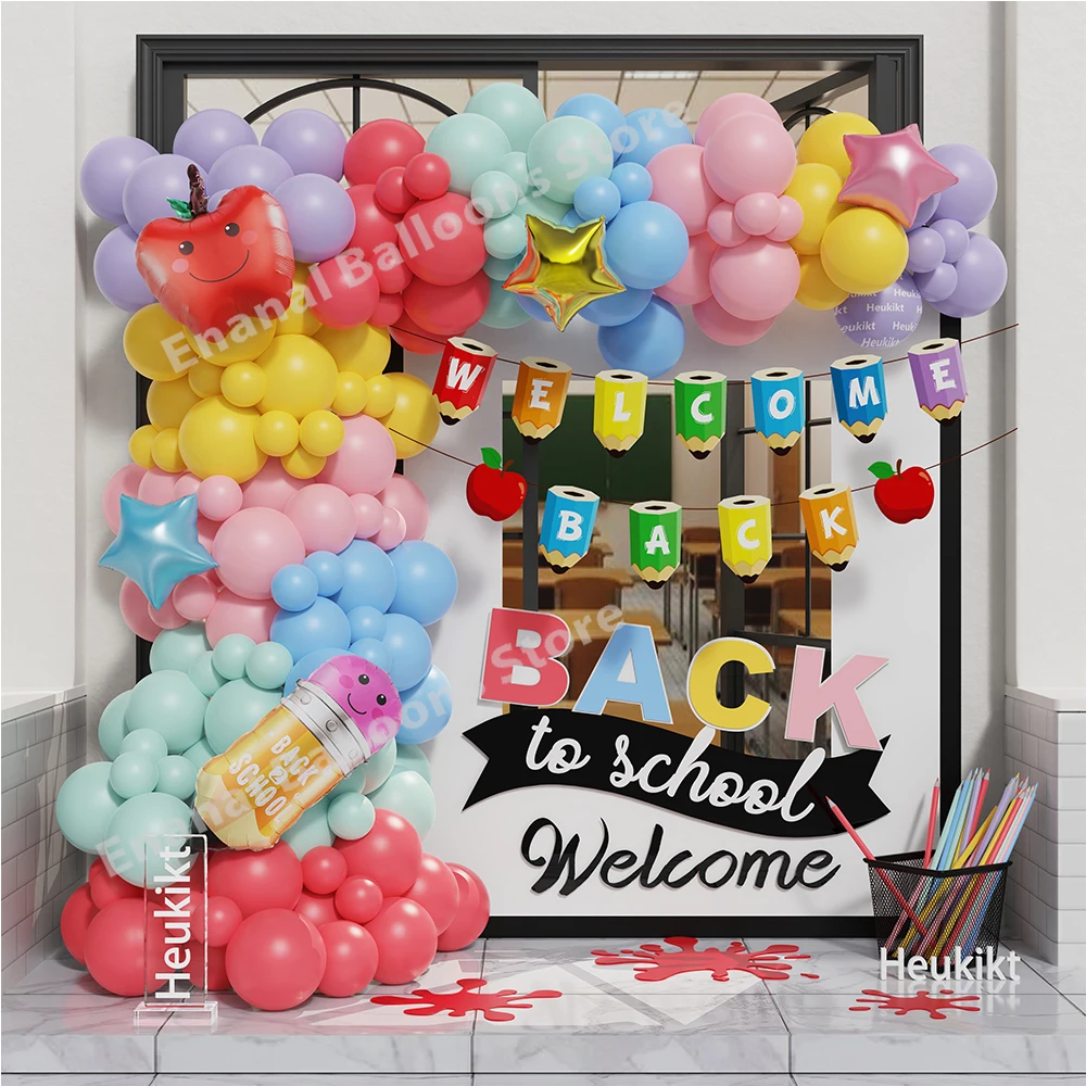 136/138pcs Back to School Balloon Garland Arch Kit Rainbow Balloon Letter Apple Pencil Banner Welcome Back Classroom Party Decor