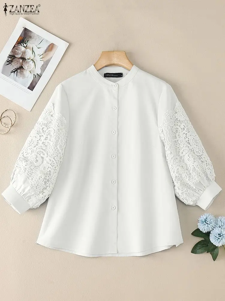 우아한 셔츠 ZANZEA 가을 레이스 패치워크 셔츠 여성 우아한 3/4 랜턴 슬리브 워크 블라우스 여름 탑 솔리드 버튼 블라우스