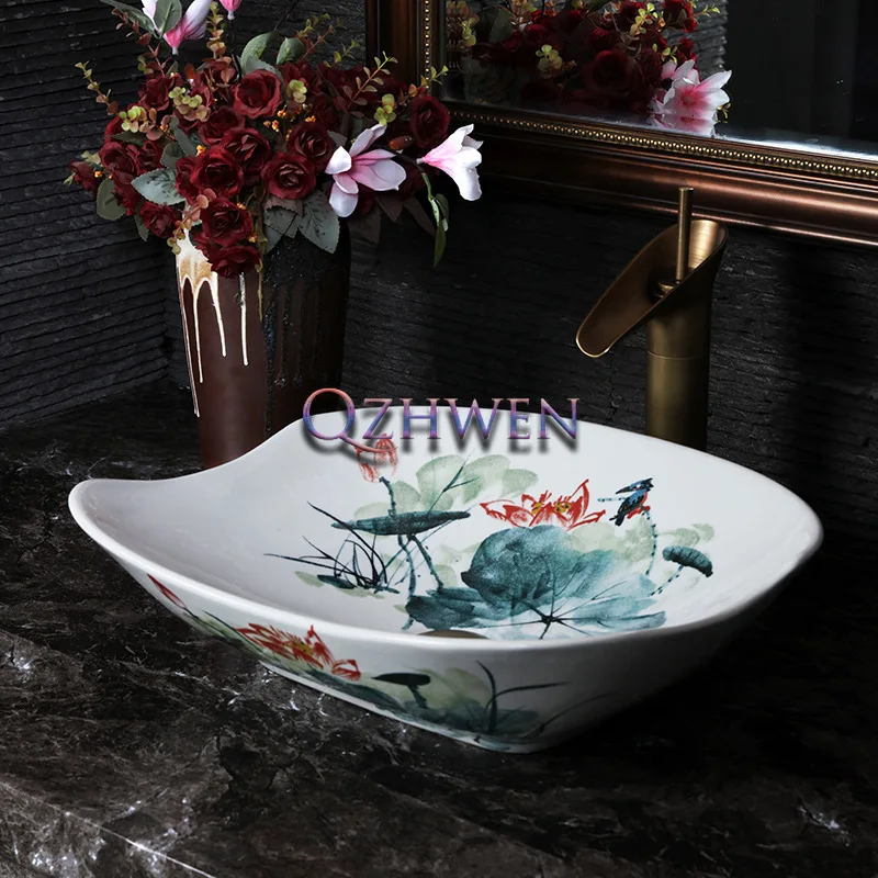 

Jingdezhen Ceramic Washbasin Hand Painted Lotus Bathroom Sink Chinese Style Hand Wash Basin Balcony Countertop Sink with Tap