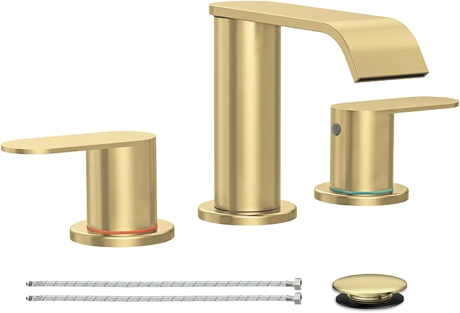 

Brushed Gold 3-Hole Widespread Bathroom Faucet with Waterfall Spout and Pop-Up Drain