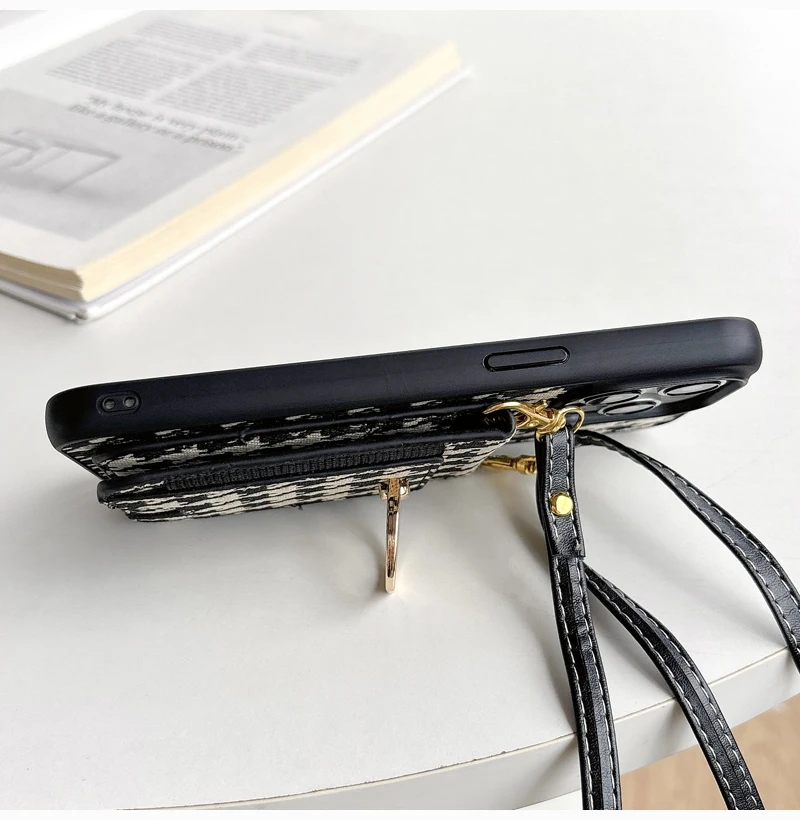 Luxury Retro Cloth Houndstooth Wallet Phone Case For iPhone 16 15 14 Plus 13 12 Pro Max Long Leather Rope Slot Ring Holder Cover