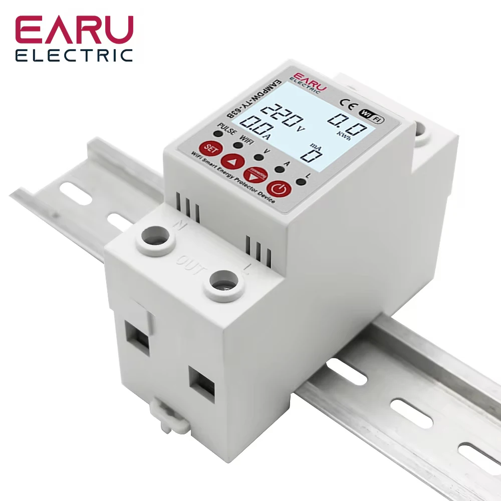 2P 63A TUYA APP WiFi Smart Circuit Earth Leakage Over Under Voltage Protector Relay Device Switch Breaker Energy Power kWh Meter