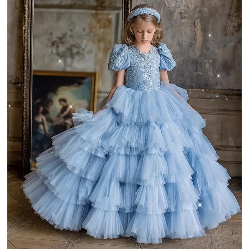 Vestidos escalonados de flores para niña, apliques de encaje, longitud hasta el suelo, Princesa, fiesta de cumpleaños, primera comunión