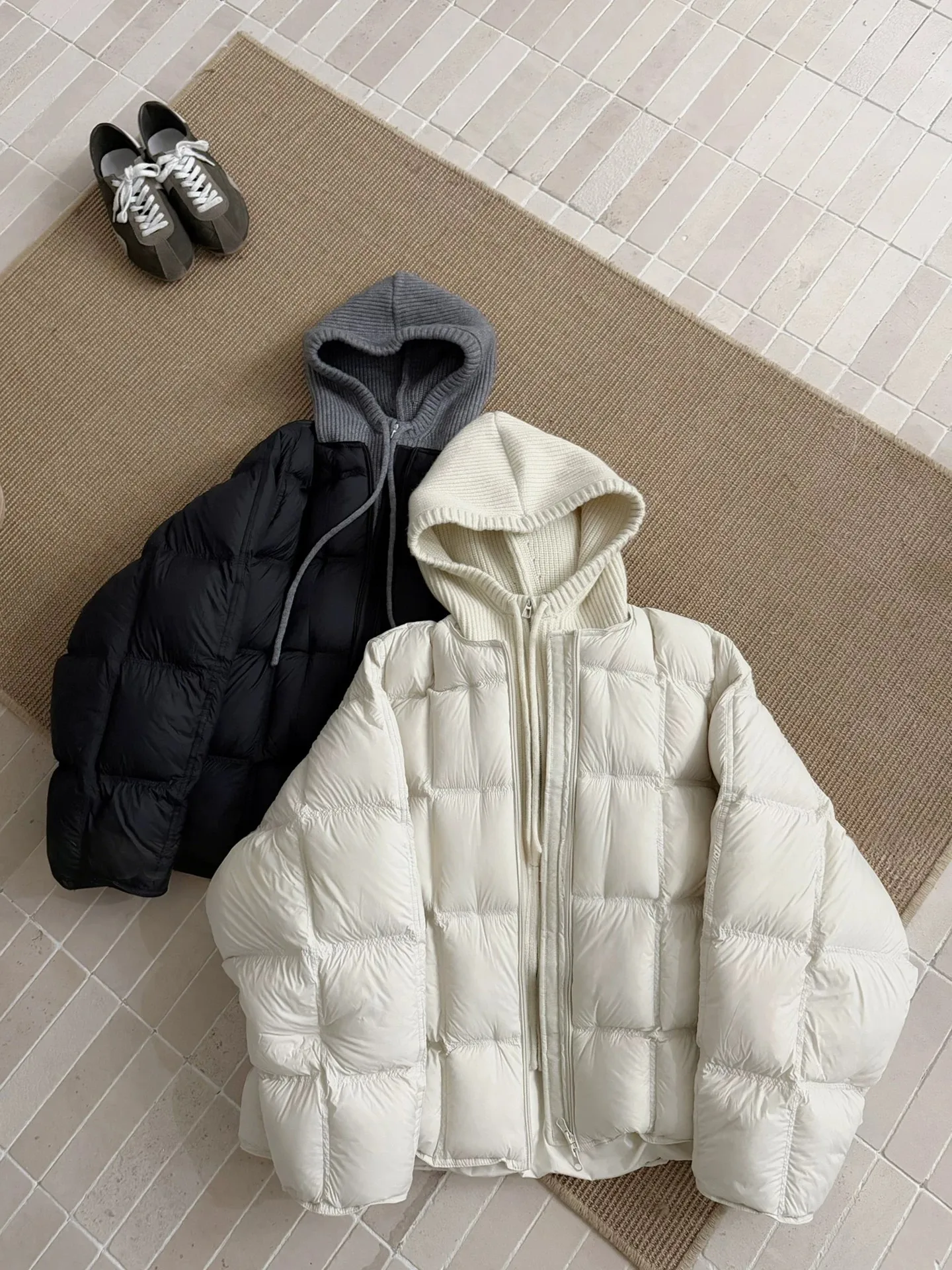 

Women's Knitted Hooded Puff Cotton Jacket Loose Fit Thickened Korean Style Breathable Windproof Warm Zipper Closure Casual Coat
