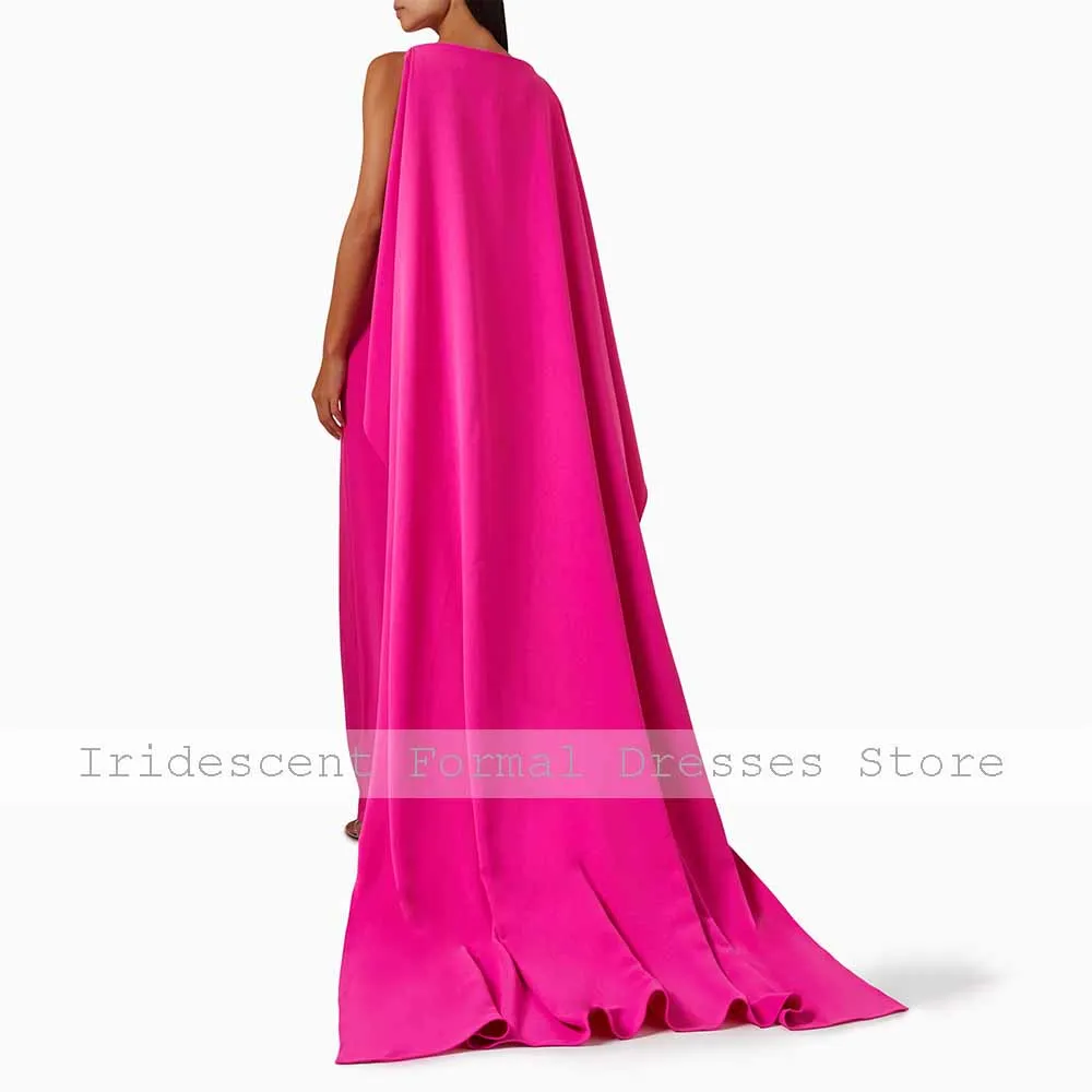 Vestidos formales de color rosa intenso para mujer 2025, sin mangas, cuello redondo, columna, vestidos de invitados de boda, vestido de noche elegante con tren Maxi Watteau