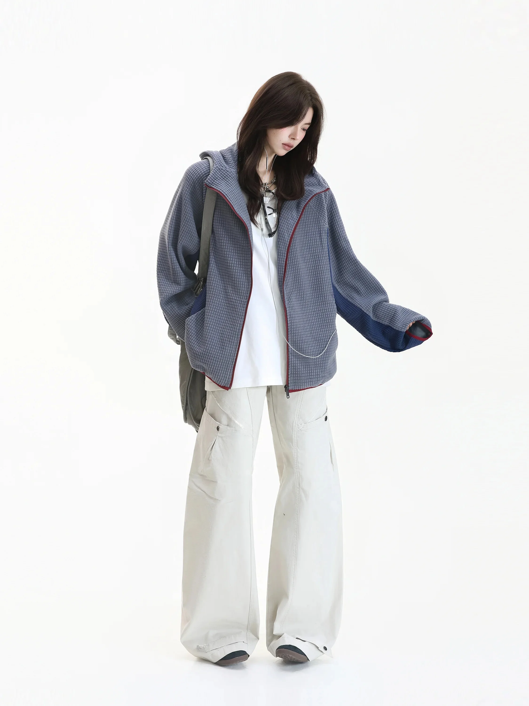 Deconstructive Color Block Hoodie Neutral Style Casual Loose Fit Long Sleeve Polyester Polyurethane Elastic Fiber Youthful De...