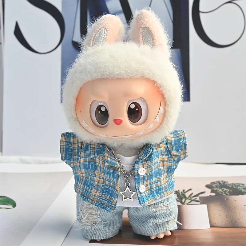17cm Doll Blue Plaid Shirt And Hole Ripped Denim Jeans Set For Labubu Cloths Doll Replacement Clothes Toy Accessories Dolls Bag