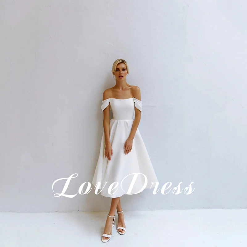 Classic Satin A-Line Off Shoulder Strapless Wedding Dresses Tea Length Sleeveless Sexy Backless Bridal Gown 2025 Customized