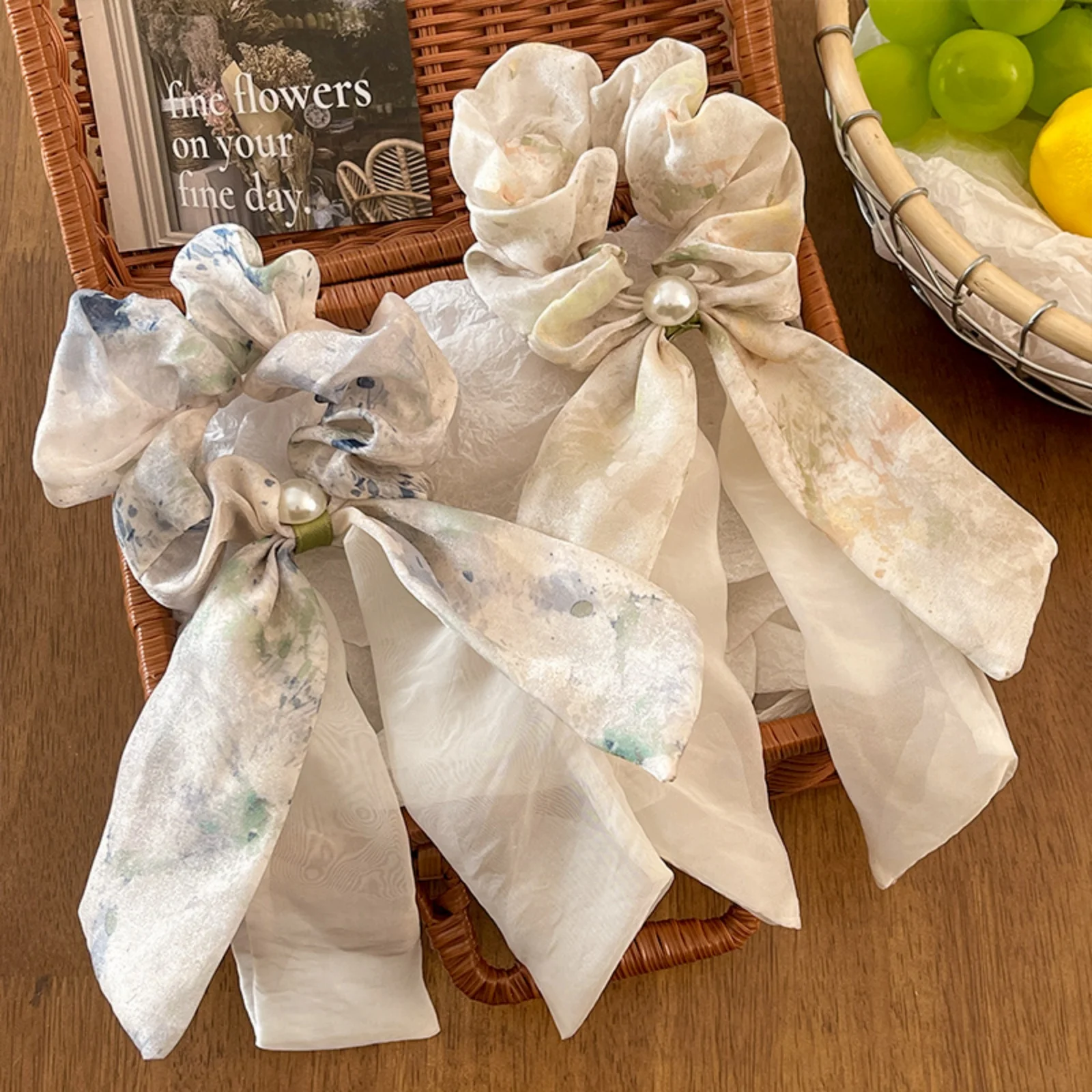 

1 шт. шифоновые резинки для волос с бантом и жемчугом: резинки для волос с акварельным принтом для женщин, элегантные аксессуары для волос для повседневного и вечеринок