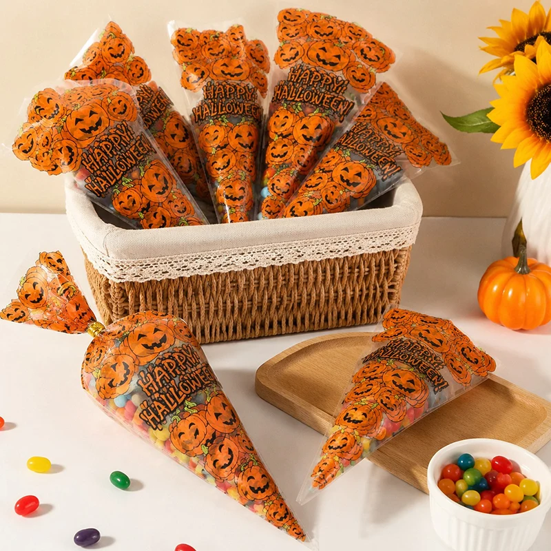 50/100PCS Vibrant Orange Halloween Pumpkin Triangle Bags Elegant Print Party Favors Gift Exchange Trick or Treat Package Bag ZYF