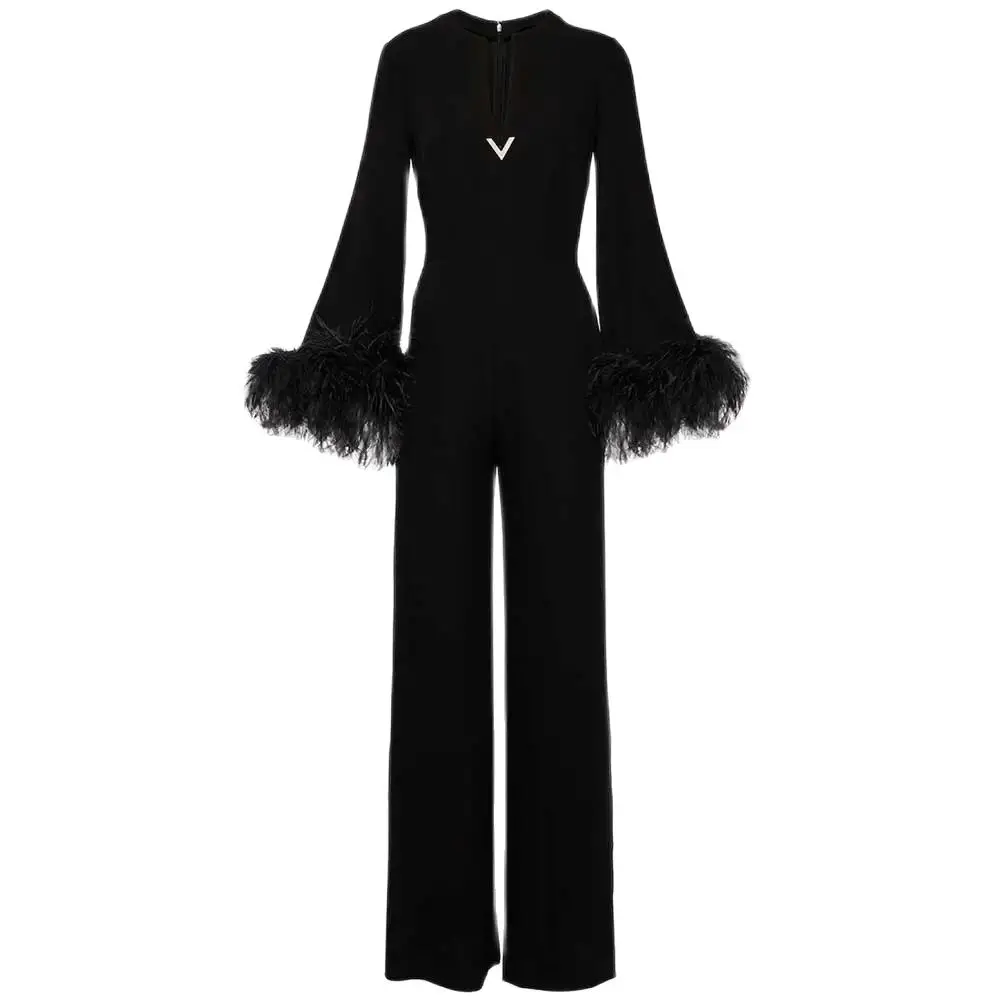 YUMDAI Dubai Black Cocktail Fashion Jumpsuit Evening Gown Middle East 2024 Prom Party Hollow Feather Dress Long Sleeve Dress