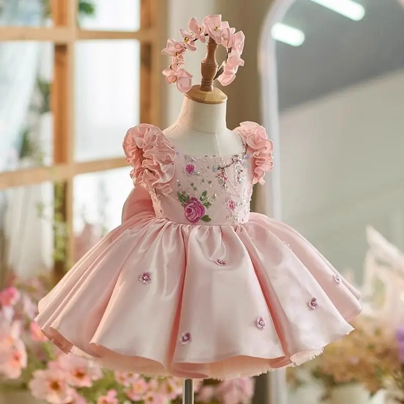 Child Communion Party Dress Single Shoulder Sequin Pink Fluffy Layered Long Sleeved  Flower Girl Dress Wedding Cute Flower