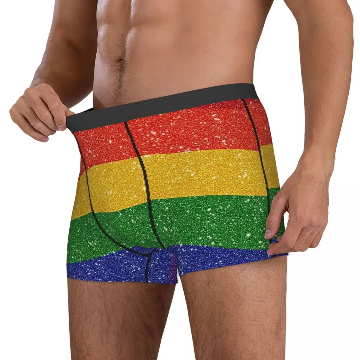 Calzoncillos Bóxer con purpurina sintética para hombre, ropa interior con fondo de bandera de arcoíris, LGBTQ, orgullo