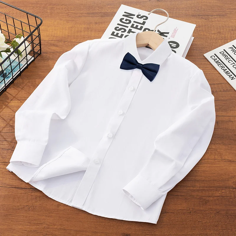 Teenager Boy Formal Shirts With Ties junior Kids Wedding Party Clothes Child Blue Shirt with Bow baby Blouse 4 5 7 9 11 13 14 15