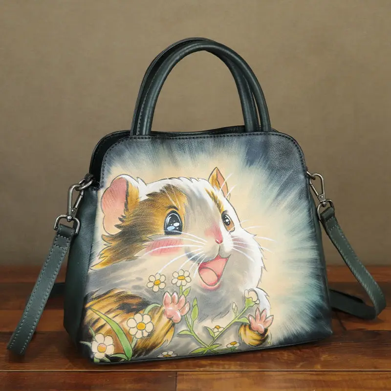 Leather Women's Bag Small Crossbody Bag Women's Shoulder Bag Handbag Top Layer Cowhide Hand-painted Tote Bag 2024 New Model