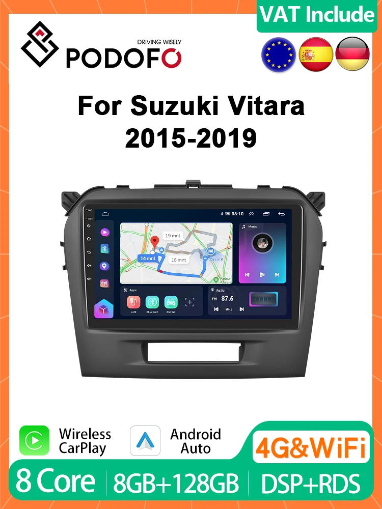 Podofo 4G CarPlay Android Radio For Suzuki Vitara 2015-2019 Multimedia Player GPS Stereo Receiver Autoradio 2din Head Unit QLED