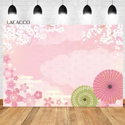 Laeacco Spring Pink Sakura Flower Backdrop Cherry Blossoms Mulan Umbrella Japanese New Year Girl Portrait Photography Background