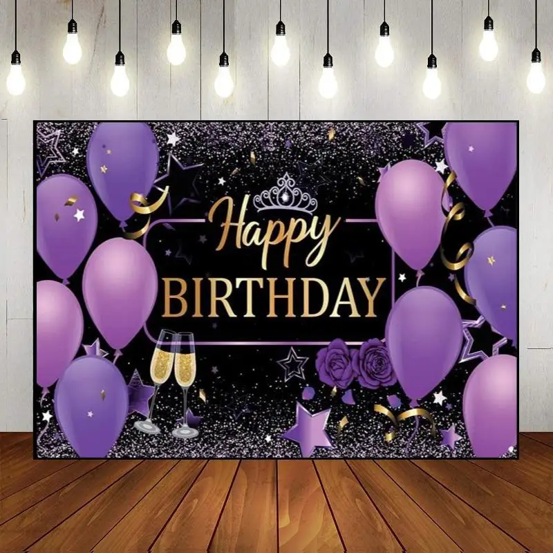 

Purple Gold Stars Balloons Kit Ladies Golden Glitter Photography Backdrop Happy Birthday Party Background Banner Decor Wall