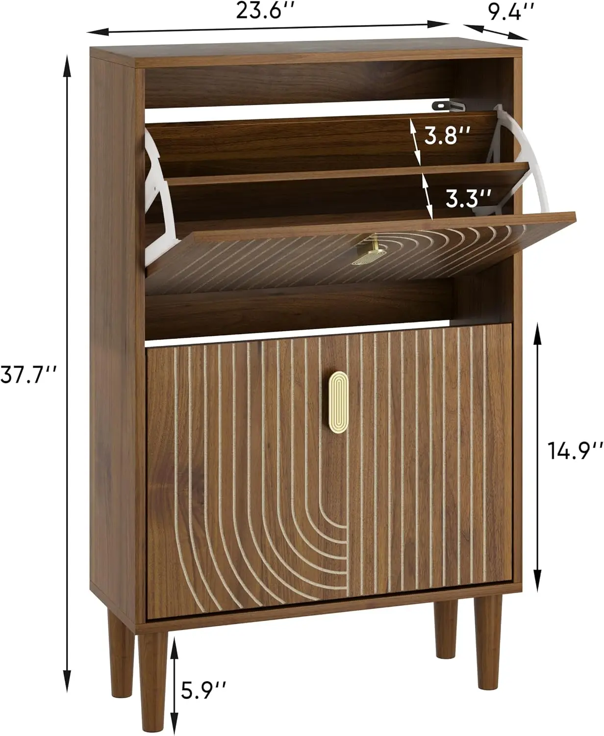 Shoe Cabinet Two Flip Drawers Walnut Hidden Storage Line Groove Freestanding Organizer Entryway Hallway Living Room