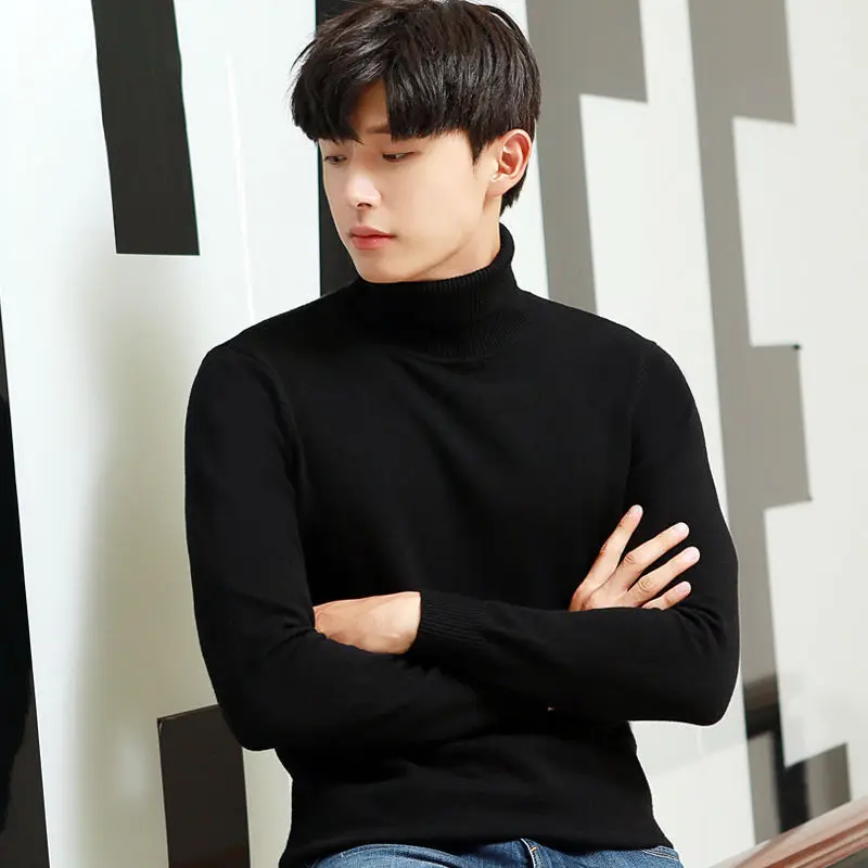 Men's High Collar Sweater 2024 Autumn Winter New Sle Fce Warm Bla Base irt for Work Flip Collar Slim Fit Long Sve