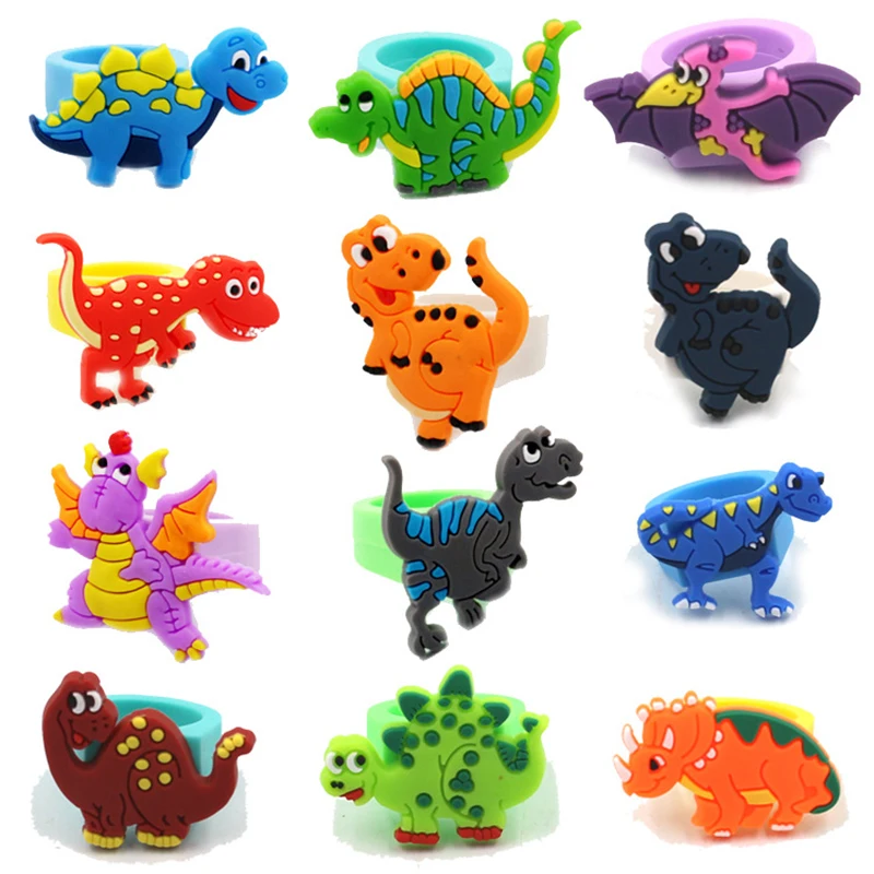 10pcs Cartoon Dinosaur Rings Funny PVC Animal Ring Kids Birthday Party Jewelry Decor Children's Day Boys Favorite Small Gifts