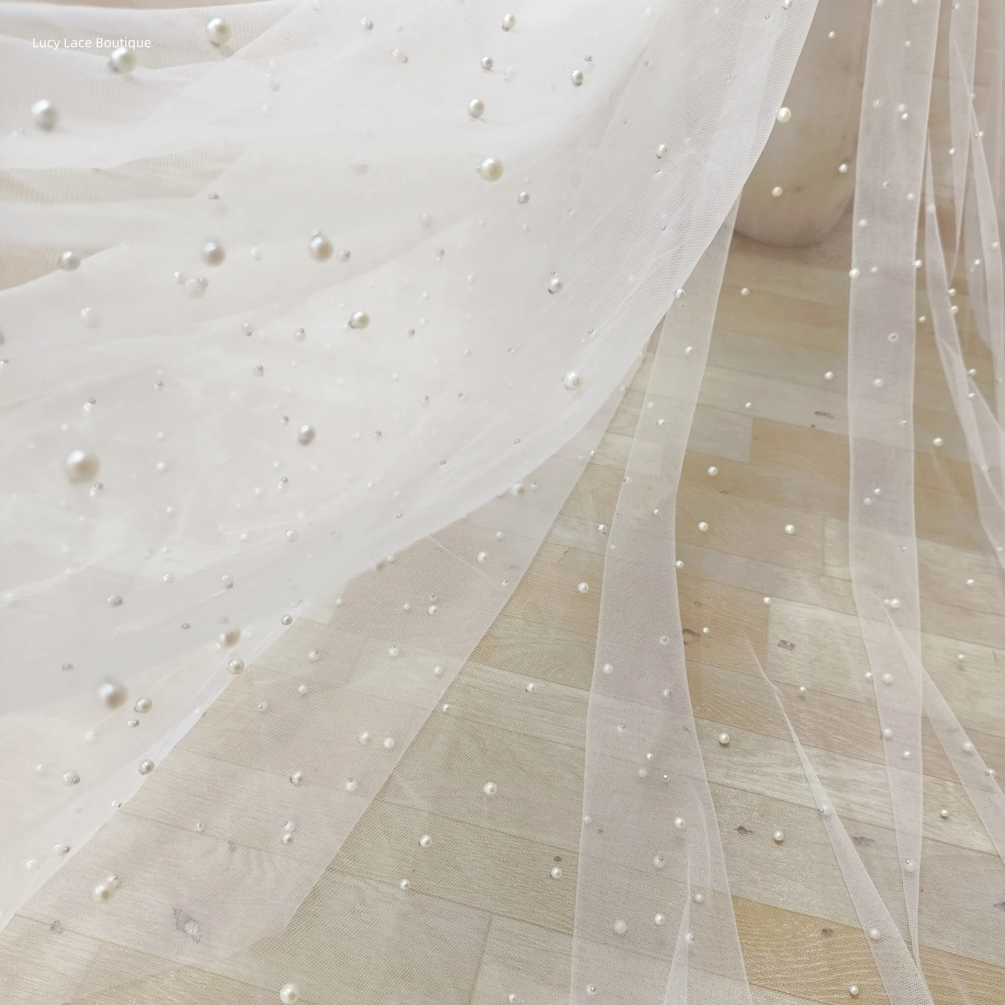 

160CM Wide 3mm, 5mm, 6mm Mix Sizes Beads Off White Pearled Tulle Lace Fabric Luxury Wedding Veil Fabric SOFT Quality 2024 TOP