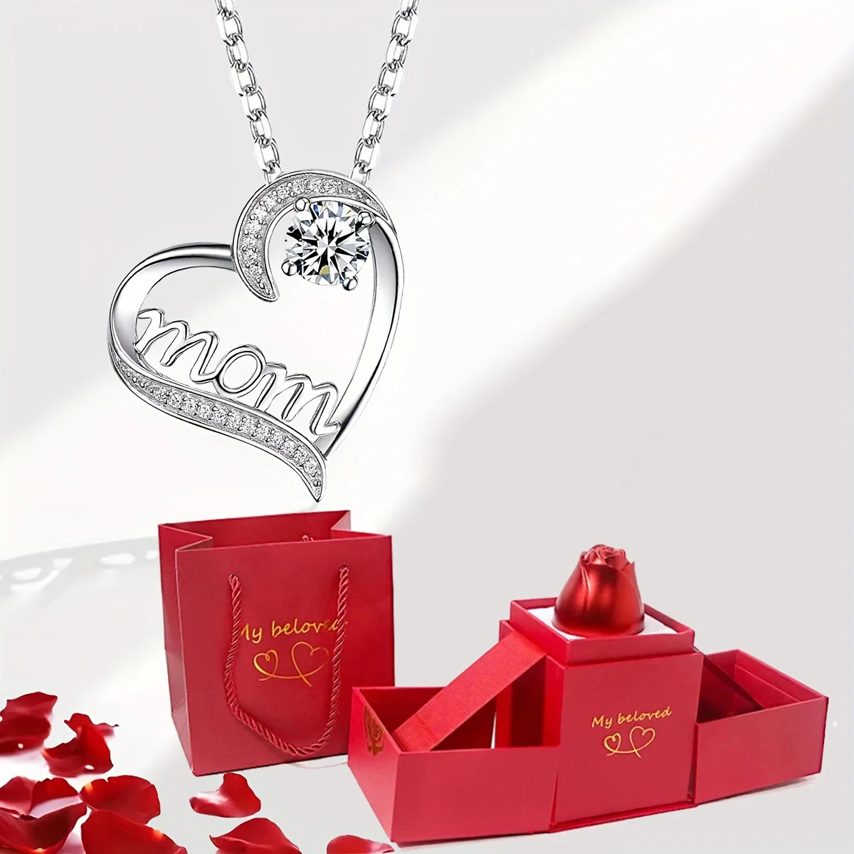 Mom Heart Zircon Necklace Pendant With Red Roses Flower Box For Women Mother's Day 2024 New Romantic Jewelry Luxury Gift